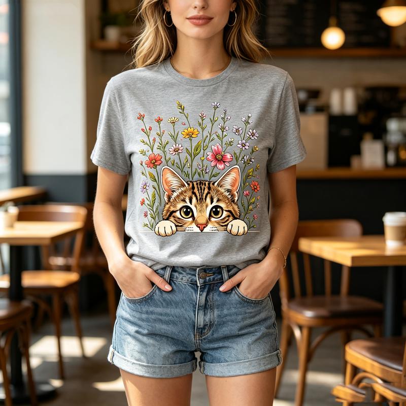 Cute Floral Cat Unisex Cotton T Shirt Peeking Pet Lover Summer Streetwear Tops Y2k Top Harajuku Oversized Tee