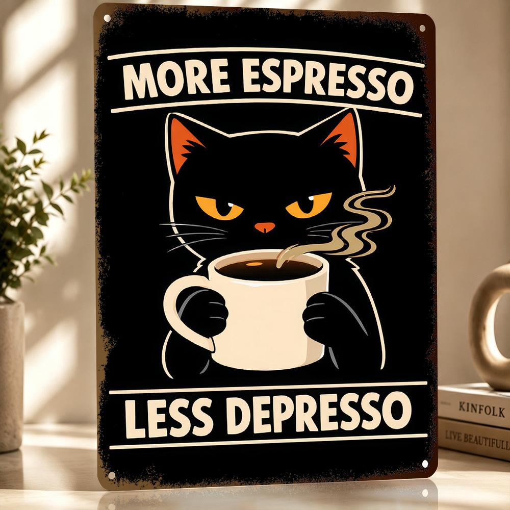 Black Cat With Espresso Personalized D Textured Metal Poster Wall Art Vintage Tin Signs for Living Room Decoration Items Decor
