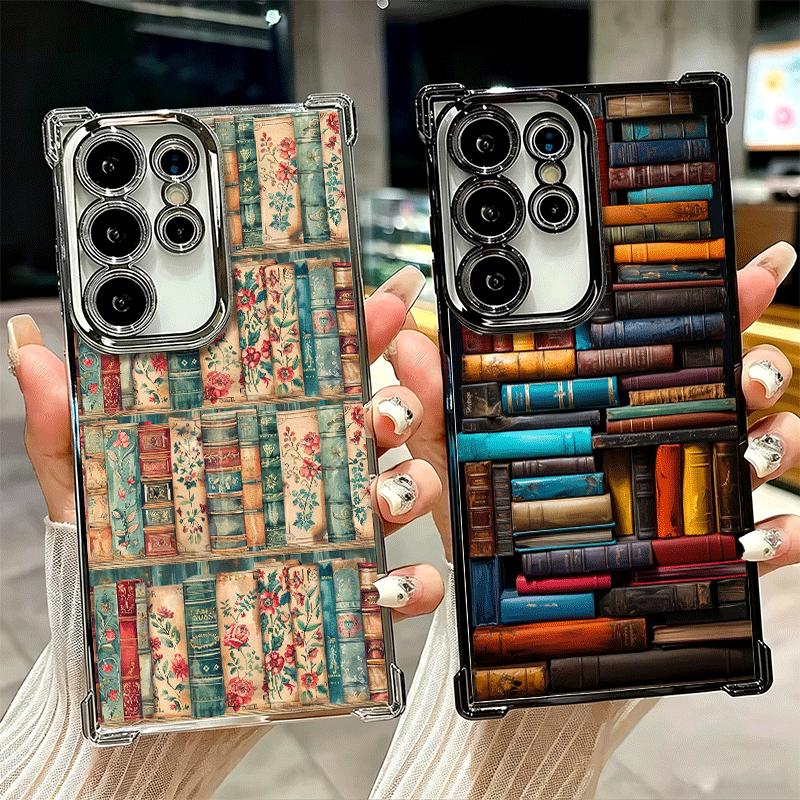 Read Books Illustration Bookshelf Soft Phone Case For Samsung Galaxy S26 Ultra S25 Edge S24 FE S23 Plus S22 S21 + S20 Plating An