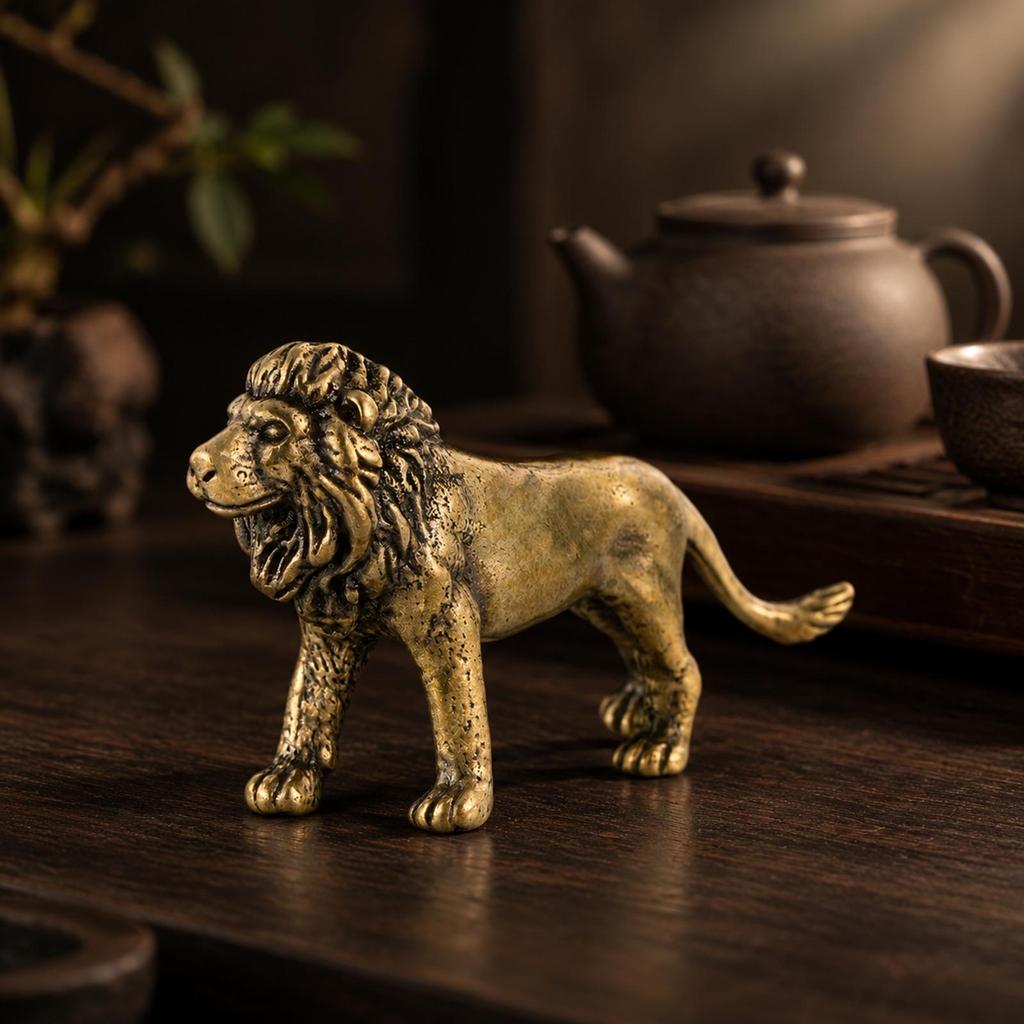 Freestanding Lion Figurine with Detailed Mane VintageInfluenced Golden Intricate