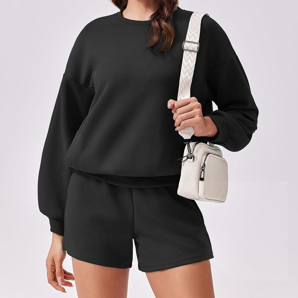 Women's Fashion Sportswear Casual Long-Sleeved Pullover Sweatshirt Drawstring Shorts Set
