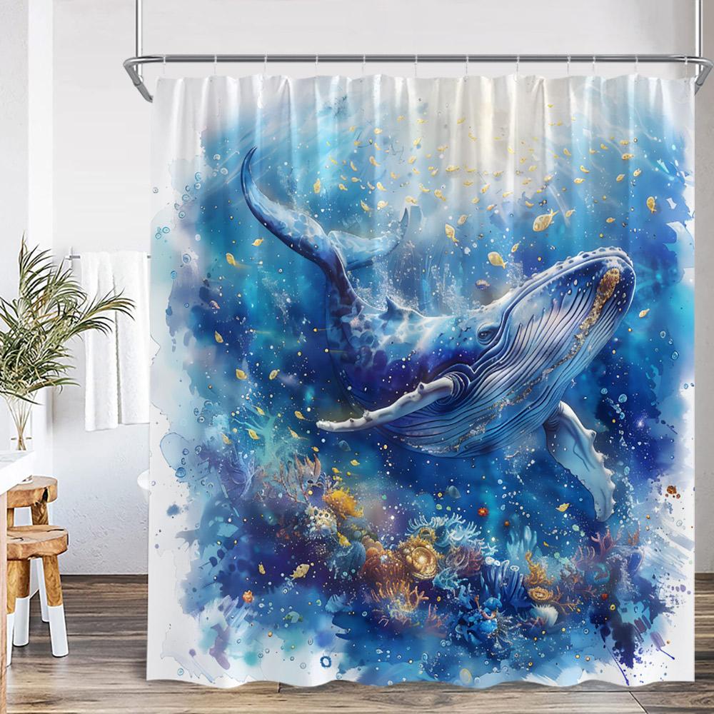 Ocean Animal Shower Curtain Blue Whale Dolphin Seahorse Marine Life Nature Bathroom Decor Sea Poltester Bath Curtain with Hook
