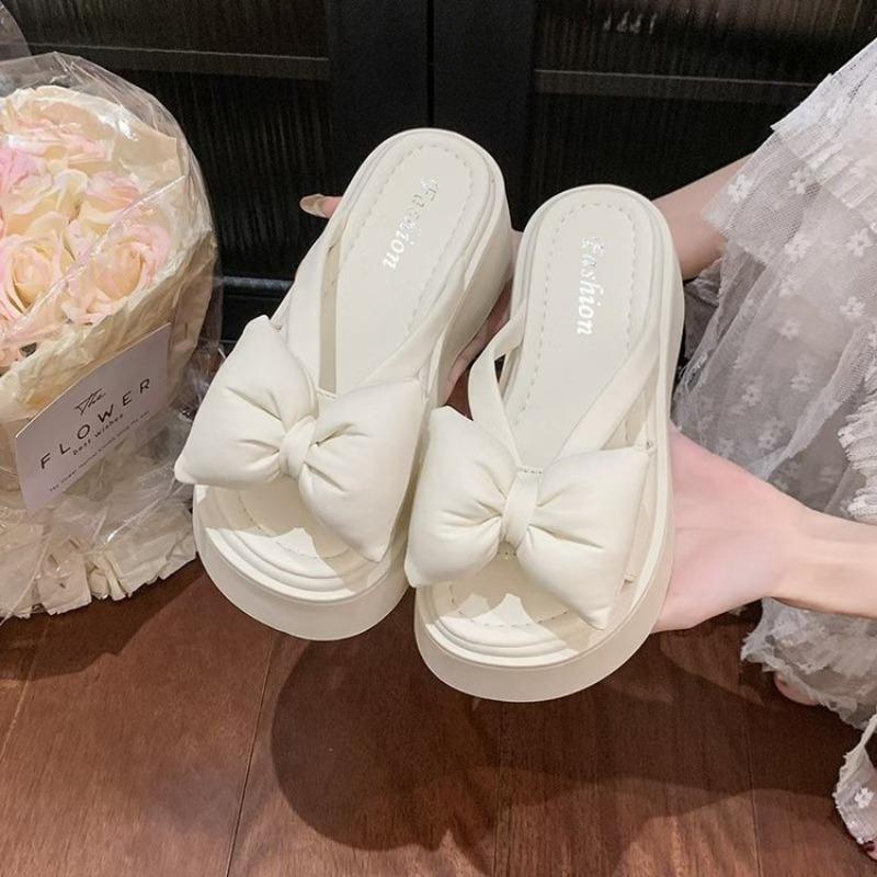 Summer outer wear seaside beach shoes new round head bow sweet slippers small thick-soled cool slippers