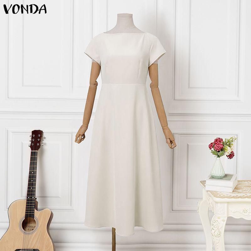 VONDA Summer Women Scoop Neck Short Sleeve Solid Casual Long Swing Dress M