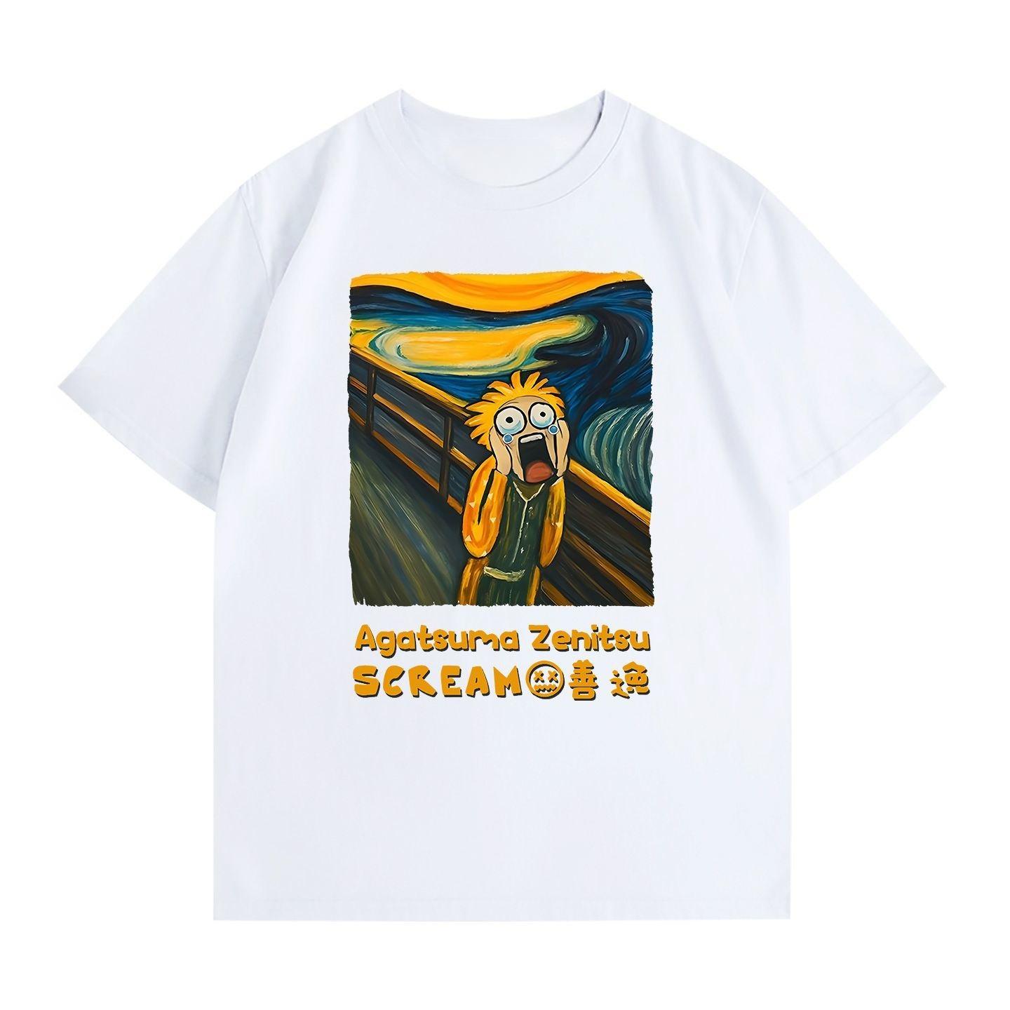 Demon Slayer Zenitsu Agatsuma Cartoon Print TShirt Men Pure Cotton Anime The Scream Collaboration Short Sleeve Tee S