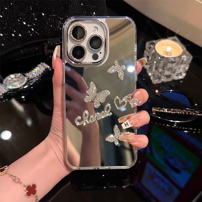 

For Apple 15 Promax Mirror Phone Case for IPhone 14 Rhinestone Butterfly High-end 13 Love Hand Chain For iPhone 7/8/SE 2020