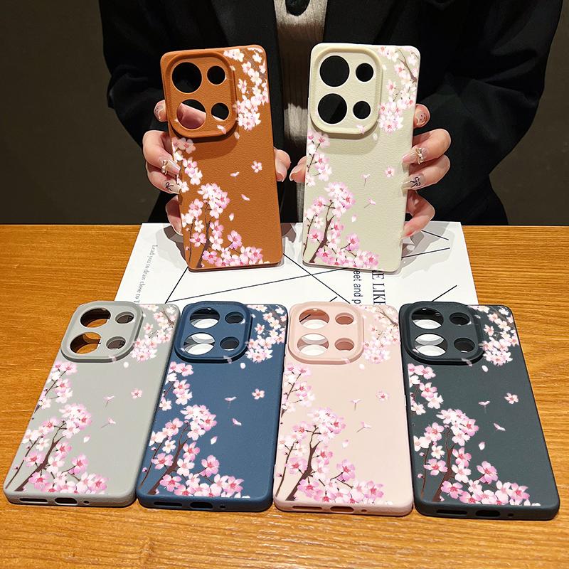 Rosa Pfirsichblüten Blumenmuster Hülle Für Xiaomi 14T 13T 11T Pro Funda Redmi Note 14 13 12 11 Pro 5G 4G Lederstruktur Silikonabdeckung