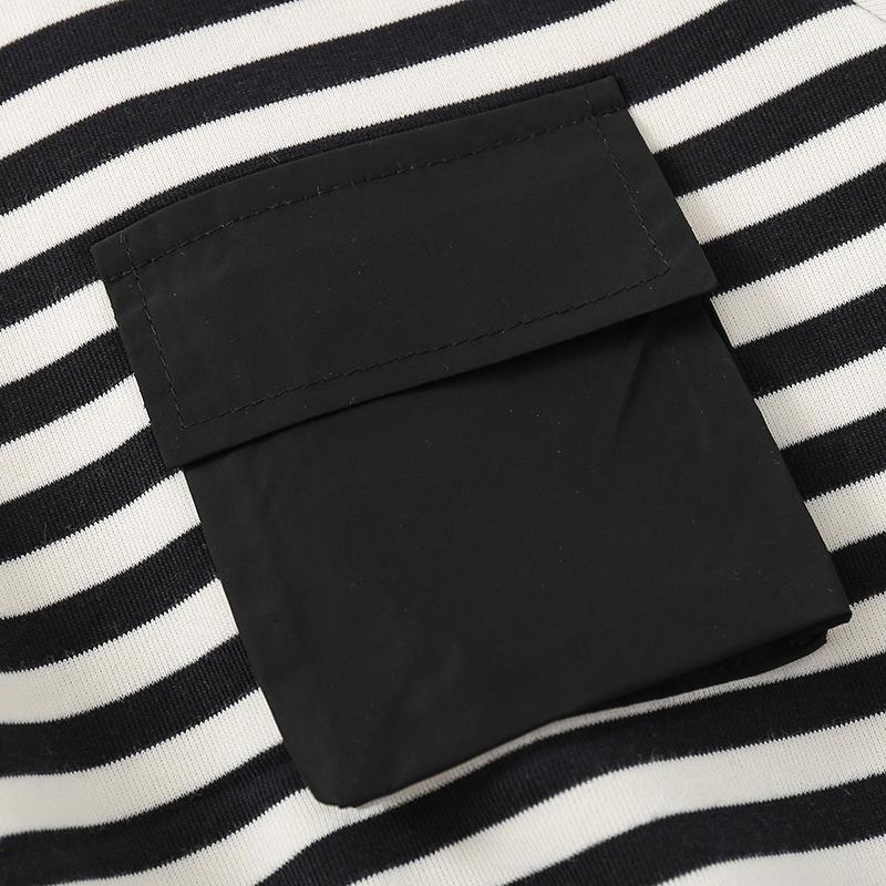 Black and white striped crew neck jumper autumn and winter new children's fleece sweater casual pocket children's top