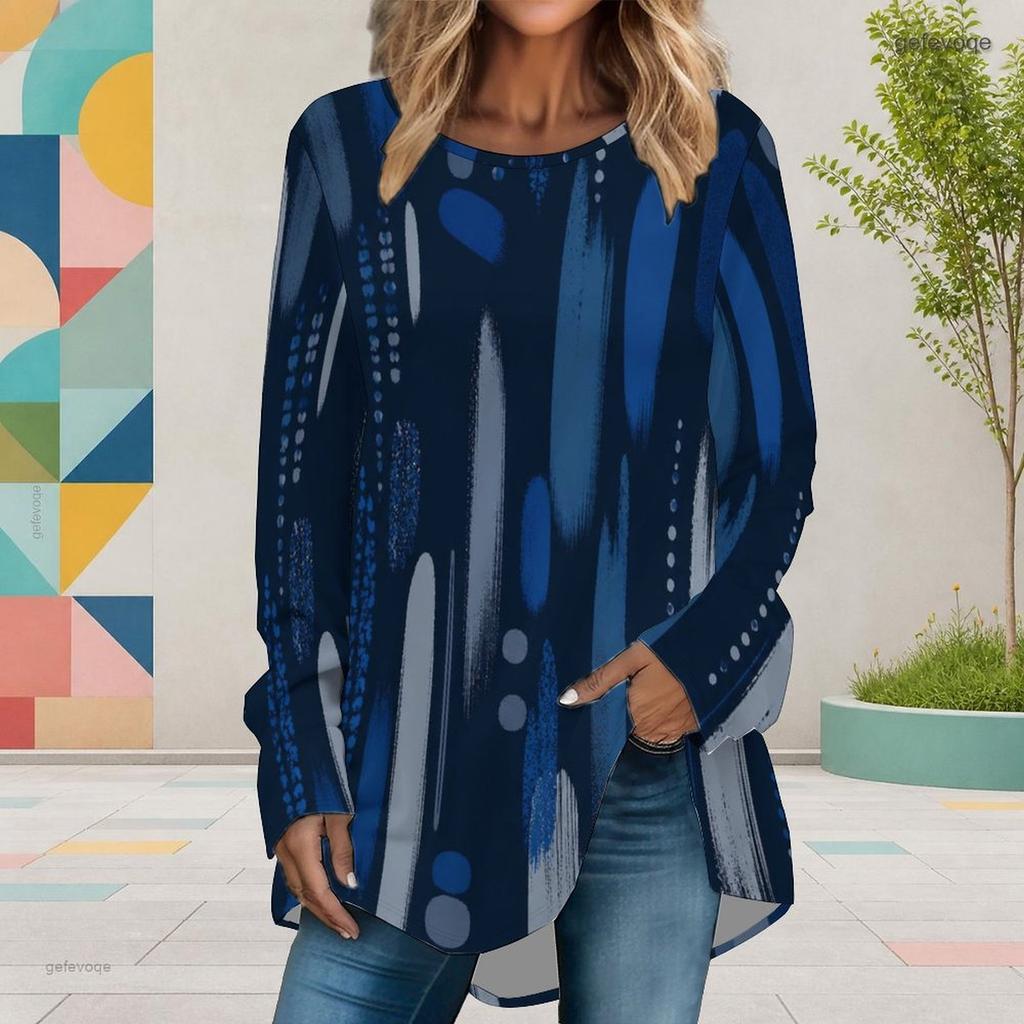 Women Plus Size Round Neck Long Sleeve Dark Blue Printed Loose High Low Hem Shirt