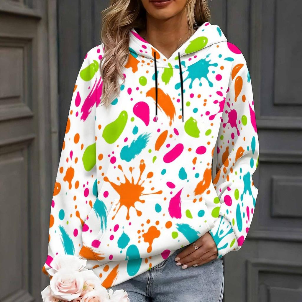 Women Plus Size Colorful Paint Splash Print Long Sleeve Drawstring Hoodie With Kangaroo Pocket