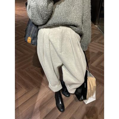 Frauen Casual Lose Taschen Woll Anzug Hosen Herbst Winter Hohe Taille Verdicken Koreanische Damen Solide Harem Hosen