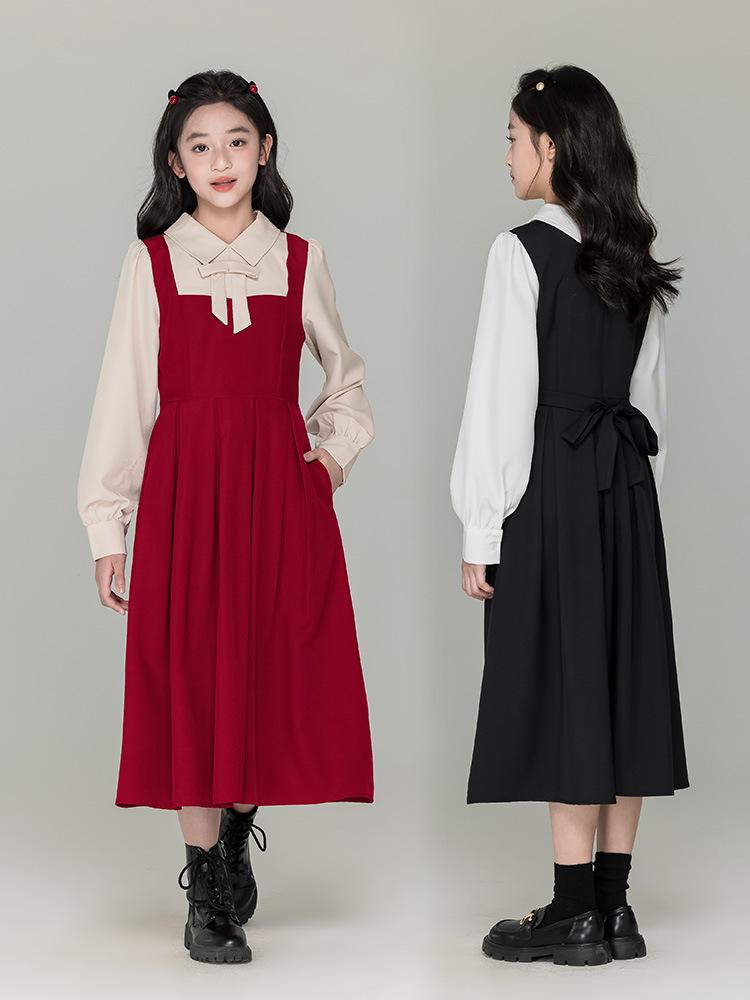 

Girls Colorblock Long-Sleeve Dress - College Style Princess Wear for Spring & Autumn 140