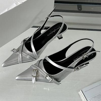 Mode Mode Gürtelschnallendesign Slingback Niedrige Absätze Sandalen Damen Sexy Spitzzehen Dünne Hohe Absätze Sommer Elegant Party Kleiderschuhe