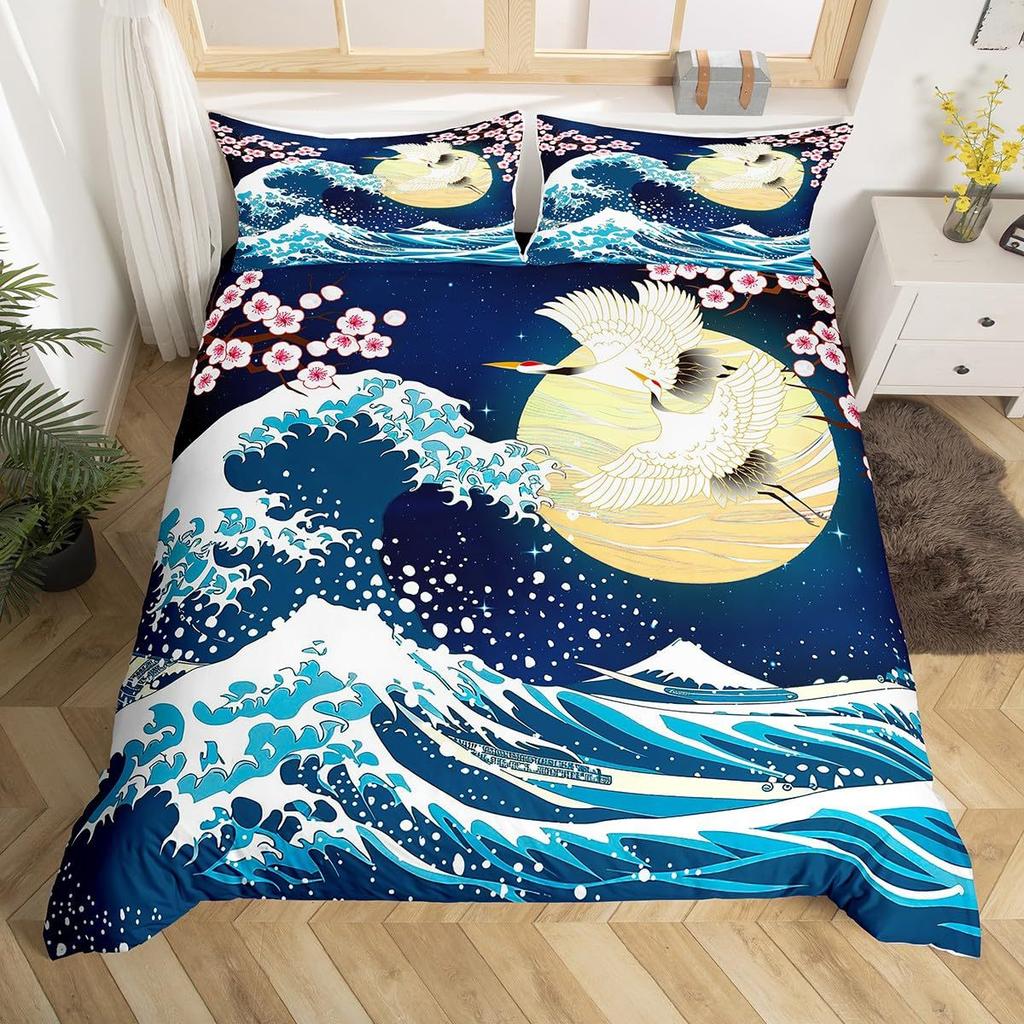 Japanese-Style Pink Wave Three-Piece Quilt Cover Digital Printing Bedding Set Bed Cover