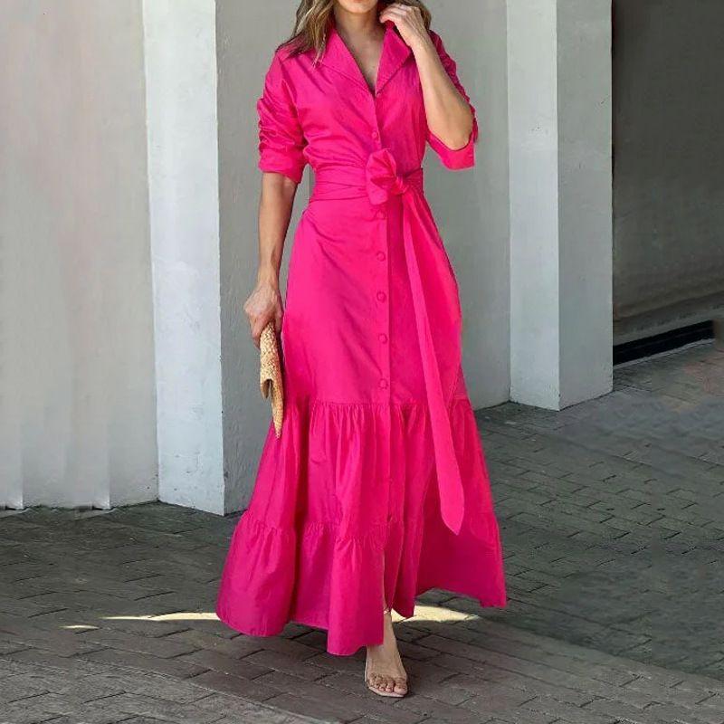 

Women Elegant Dress European and American Fashion Elegant Versatile Waist Hugging Cardigan Long Dress Rose Red 2XL