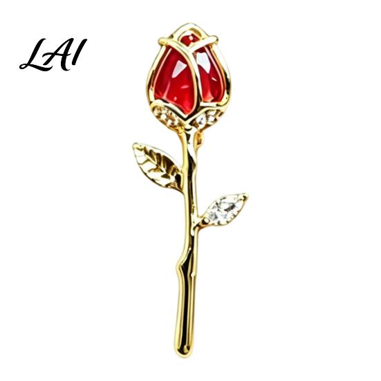 Men Metal Brooch Red Rose Bud Pin Retro Rhinestone Floral Lapel Pin Women Jewelry Accessories for Suit Dress Coat Scarf Daily Wear