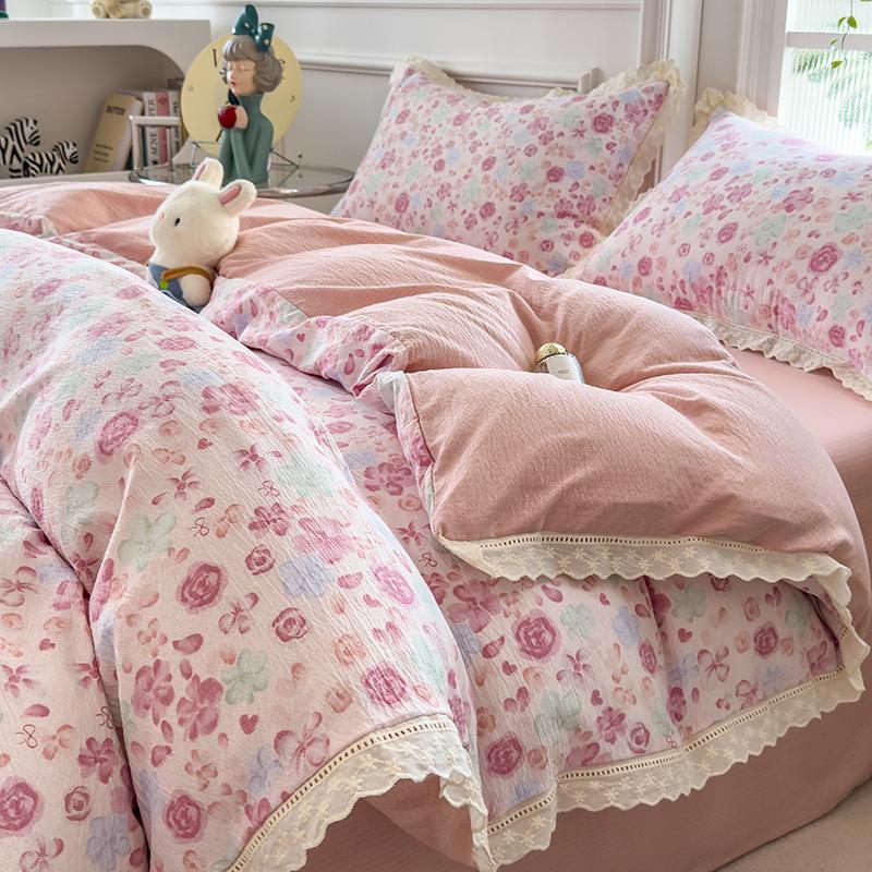 Small Fresh Lace Bedding Four-piece Set, Skin-friendly and Breathable, Washed Sheets, Quilt Covers, Pillowcases