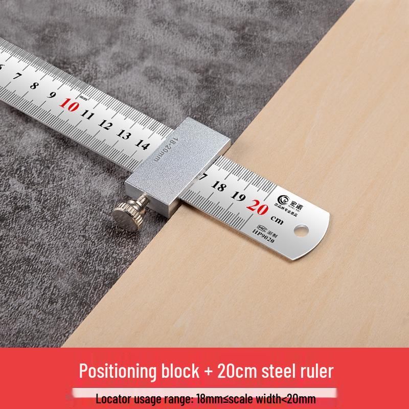 Exclusive Stainless Steel Straight Ruler with Positioning Block and Scribing Limiter - 15/20/30/40cm for Woodworking