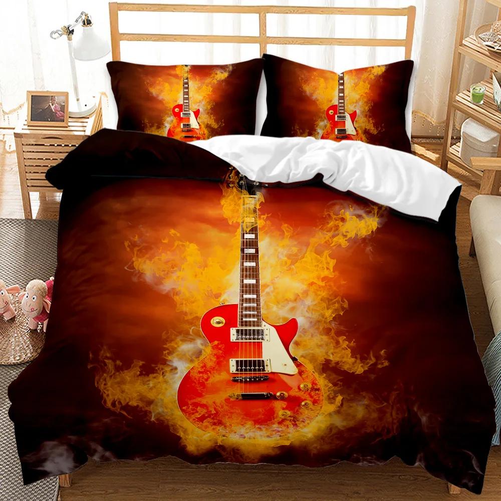 Guitar Duvet Cover Set Twin Rock Music Comforter Cover Set Hip Hop Hippie Quilt Cover Blue Guitar Polyester Bedding Set For Teen