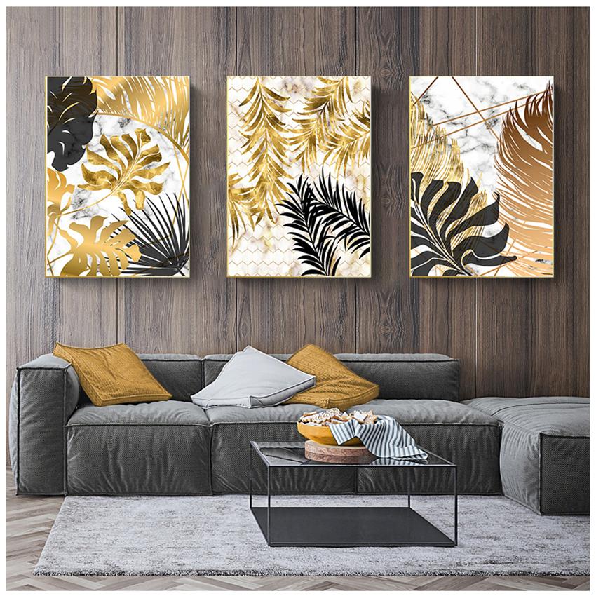 Imagem Parede Sala de estar Quarto Decoração Estilo Nórdico Planta Folhas Douradas Tela Pintura Decorativa Arte Abstrata Impressão