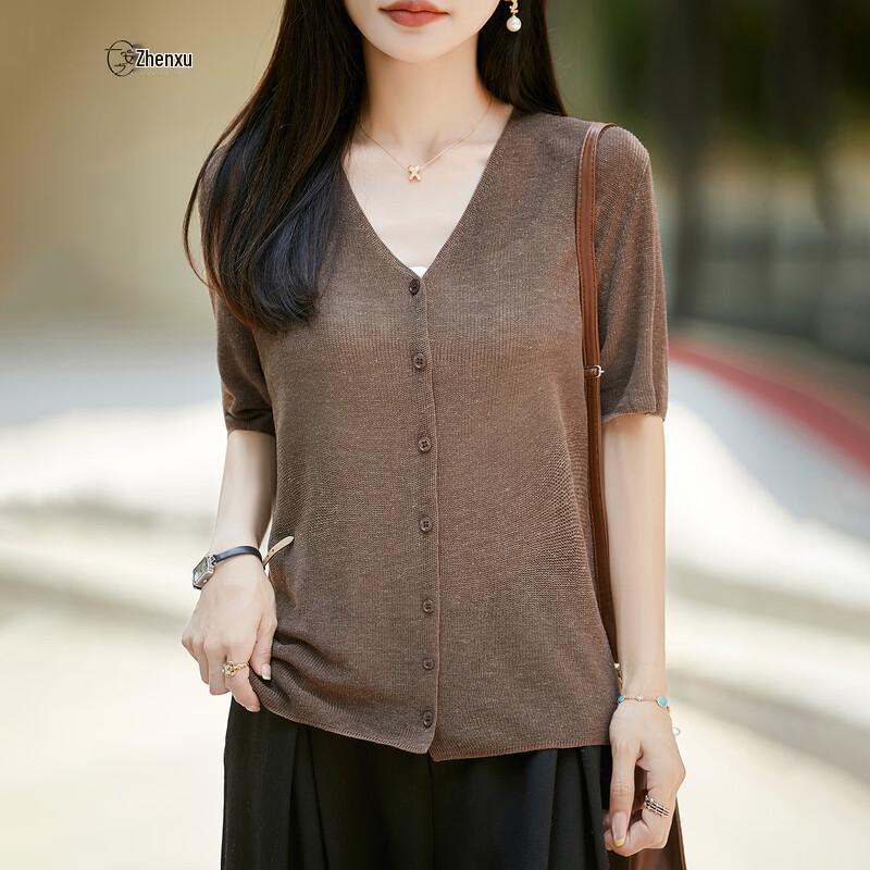 Women's Lightweight Tencel-Linen V-Neck Short Sleeve Knit Cardigan Tee