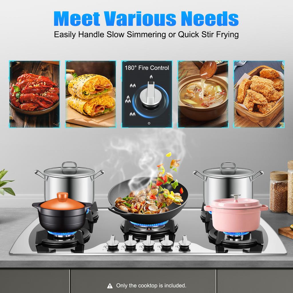 5 Burner Gas Cooktop Tempered Glass Gas Stoves 180 Degree Heat Control Knob Kitchen Gas Stove for Home Use W/ Safety Protection