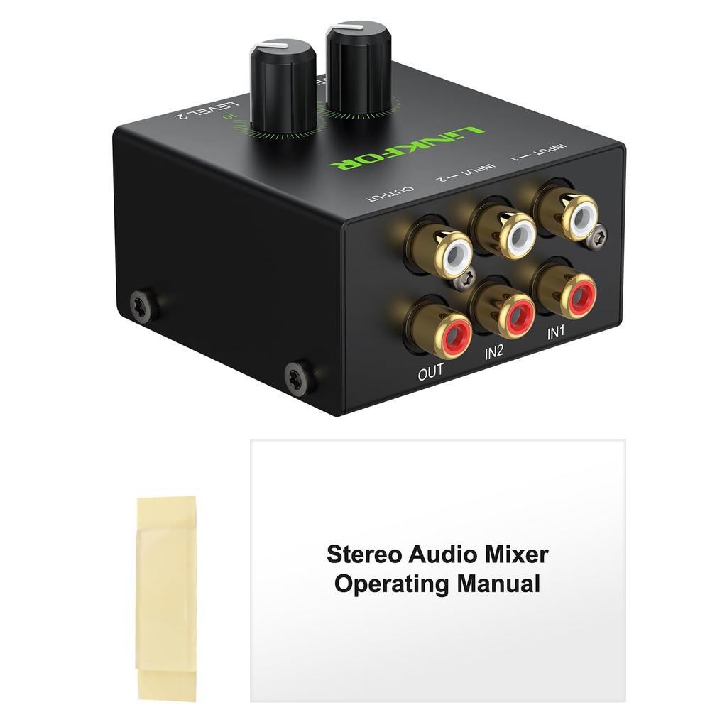 LiNKFOR Audio RCA Mini Stereo Mixer with Volume Metal Japanese Instruction Manual Included Mixer, 2-Channel Control, Gold-Plated Terminals, Case,