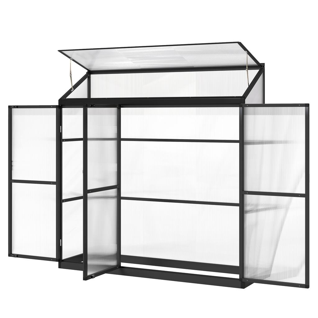 Polycarbonate Greenhouse with 3 Hinged Doors, Top Vent, Lean-to Green House, Walk-in Greenhouse, 6 X 1.5ft, Black