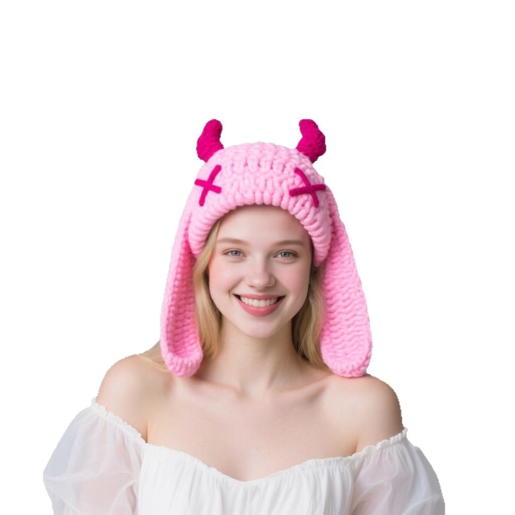 New Little Monster Handmade Knitted Wool Hat Autumn and Winter Thickened Warm Plush Hat Sweet Cool Babe Baotou