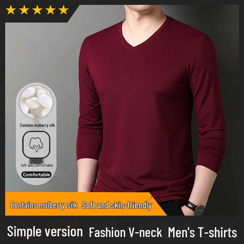 Hengyuanxiang Men's Silk Blend V-Neck Long-Sleeve T-Shirt