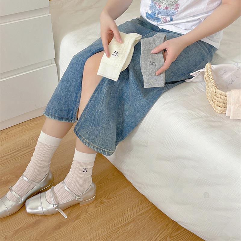 Woman Ultra Thin Version  Ins Bow Solid Color Mesh Mid Tube Breathable Socks Black White Grey Girl  Style Sweet Socks