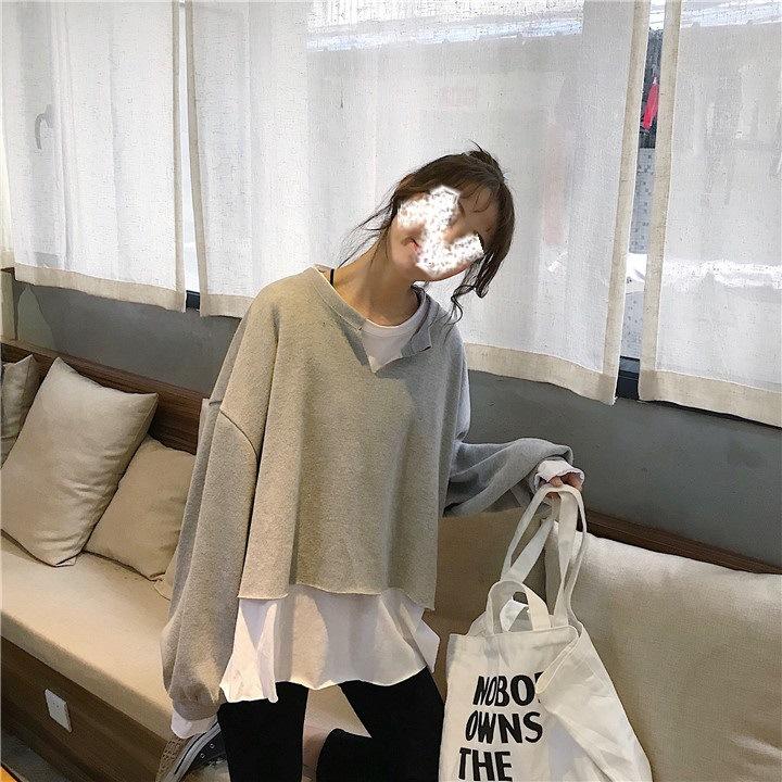 False Two Pieces Containing Cotton Design Sense Loose Sweater Female Thin Section Splicing Bottoming Shirt Literary Style Long-sleeved T-shirt Female