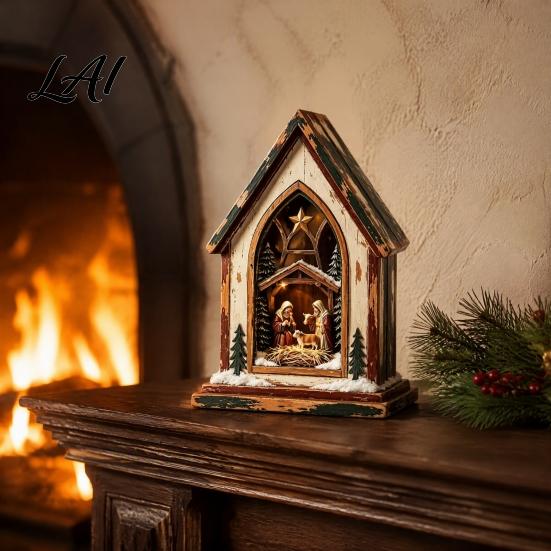 Indoor Winter Wonderland Ornaments Christmas Wooden Tabletop Decor with Warm LED Lights 2D Printed Snow Village Scene Tree Figurines Santa