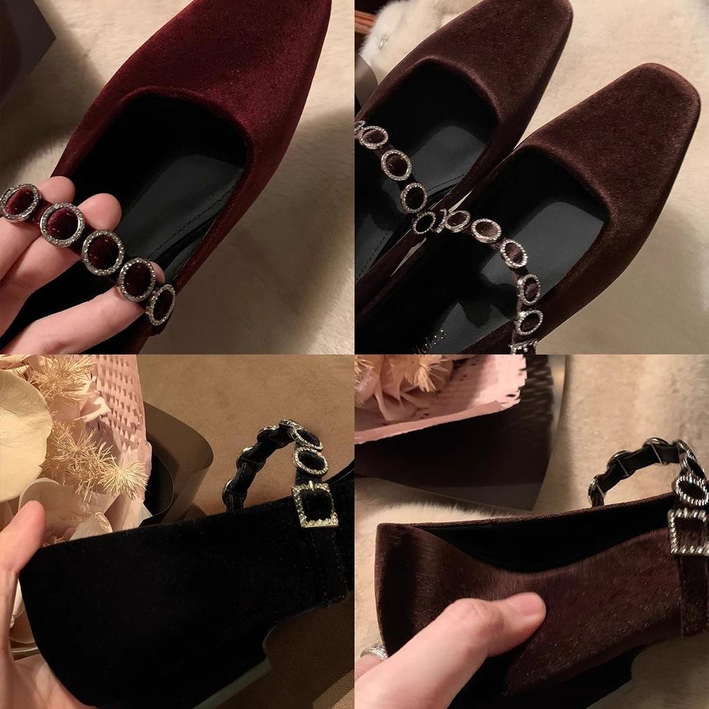 Sheepskin Version~ French Square Head Shallow Mouth Temperament Rhinestone Word with Mary Jane Shoes Women's Suede Low Heel Flat Sole Single Shoes