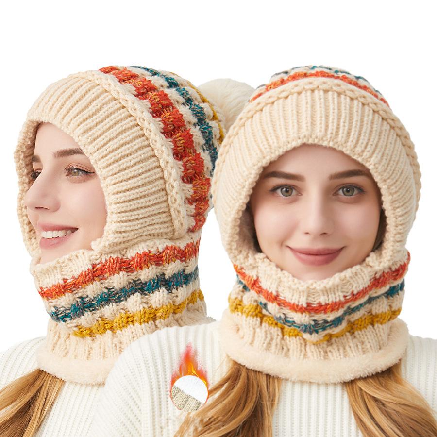 Thick Knitted Hat Scarf Mask One-Piece Hat Women's Winter Outdoor Velvet Warm Mask Scarf All-In-One Hat