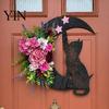 Handmade Artificial Rose Garland Halloween Black Cat Moon Wreath, Gothic Crescent Grapevine Wreath with Party Wall Ornaments Flowers, Spooky