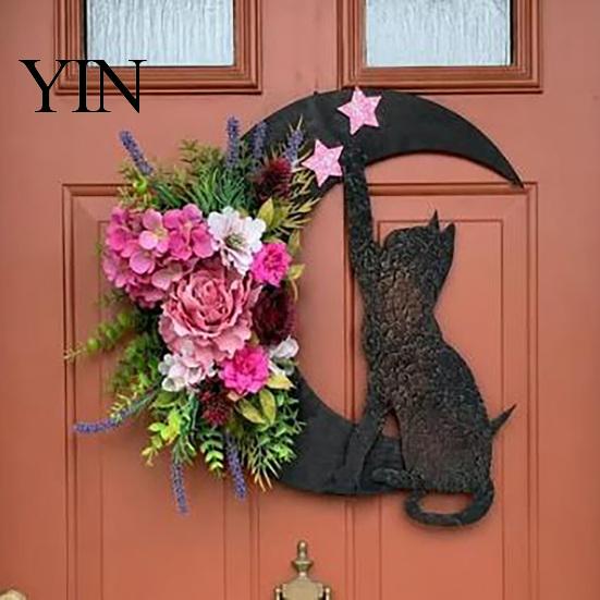 Handmade Artificial Rose Garland Halloween Black Cat Moon Wreath, Gothic Crescent Grapevine Wreath with Party Wall Ornaments Flowers, Spooky