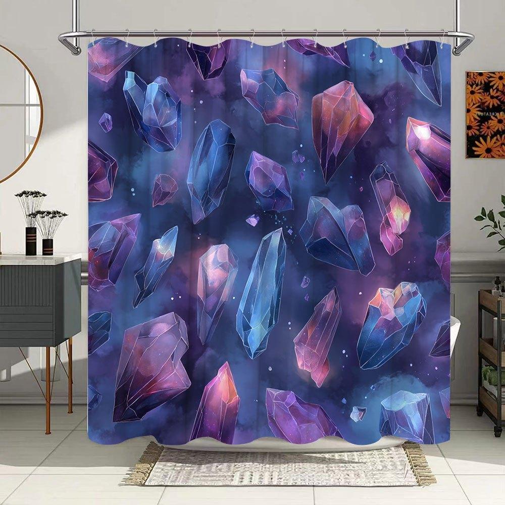 1pc Cosmic Crystals Shower Curtain - Blue, Purple, Pink Gemstones Nebula Design, Ethereal Floating Minerals, Polyester