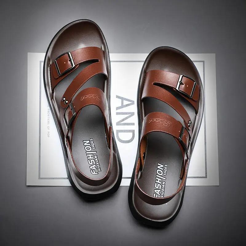 Fashion Fashion Sandals Male Solid Color PU Leather Men Shoes Summer Comfortable Open Toe Leather Mens Sandals Beach Leather Footwear