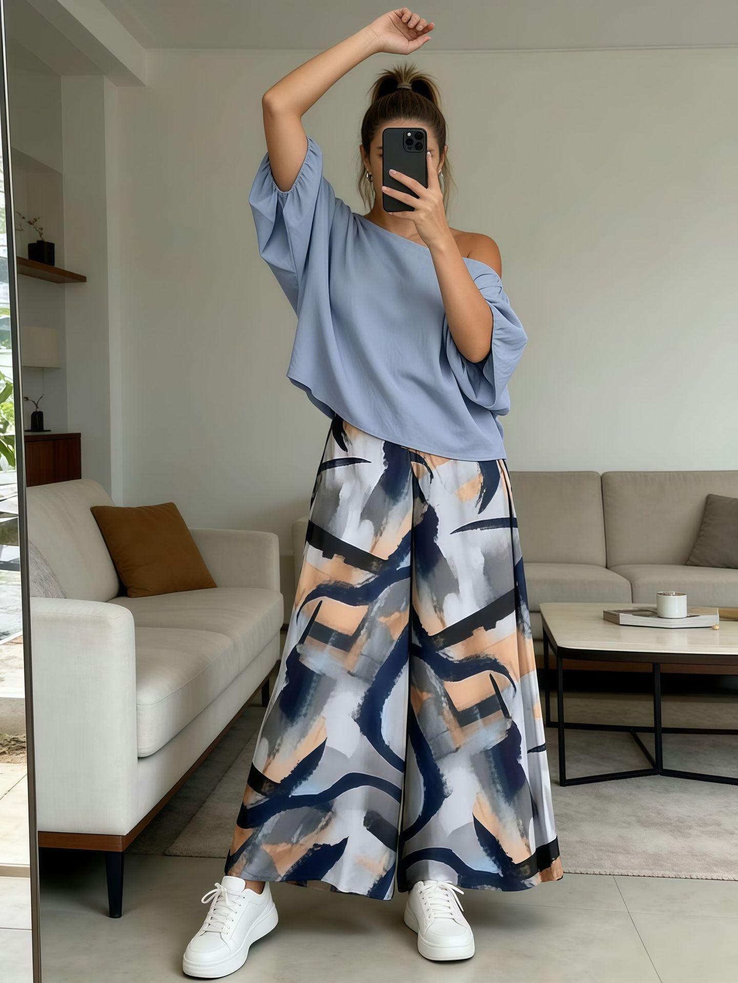 2026 spring and summer new European and American suit women s printed wide-leg pants two-piece fashion casual wear without belt S королевский синий