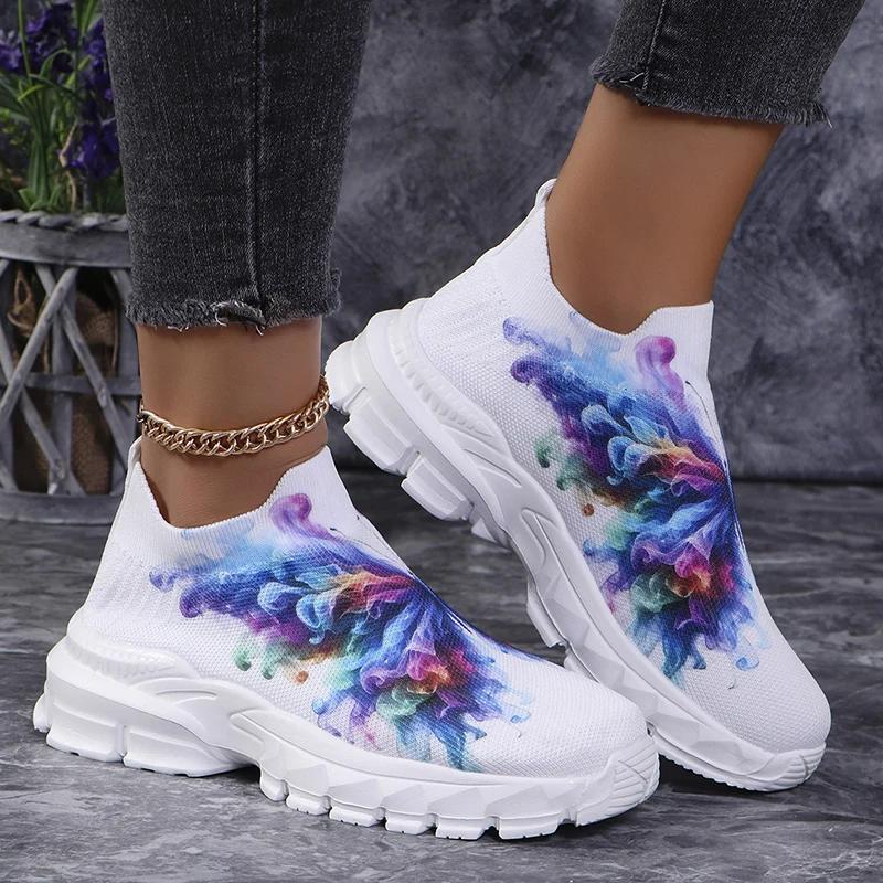 Fashion Fashion Butterfly Print Knit Sneakers for Women Breathable Mesh Platform Sneakers Shoes Woman Plus Size Thick Sole Walking Shoes
