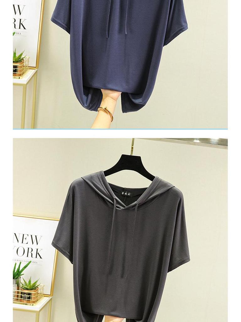T-shirt à capuche manches courtes en modal pour femme Printemps/Été - Haut de base léger coupe ample