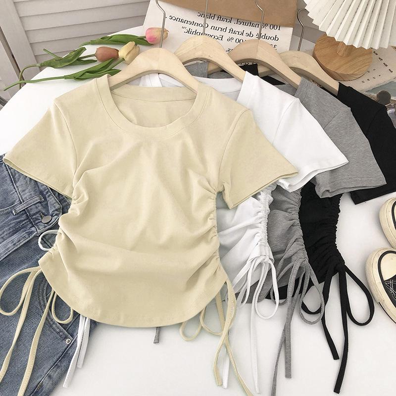 2025 Summer Korean Style Women's Slimming Drawstring Waist T-Shirt