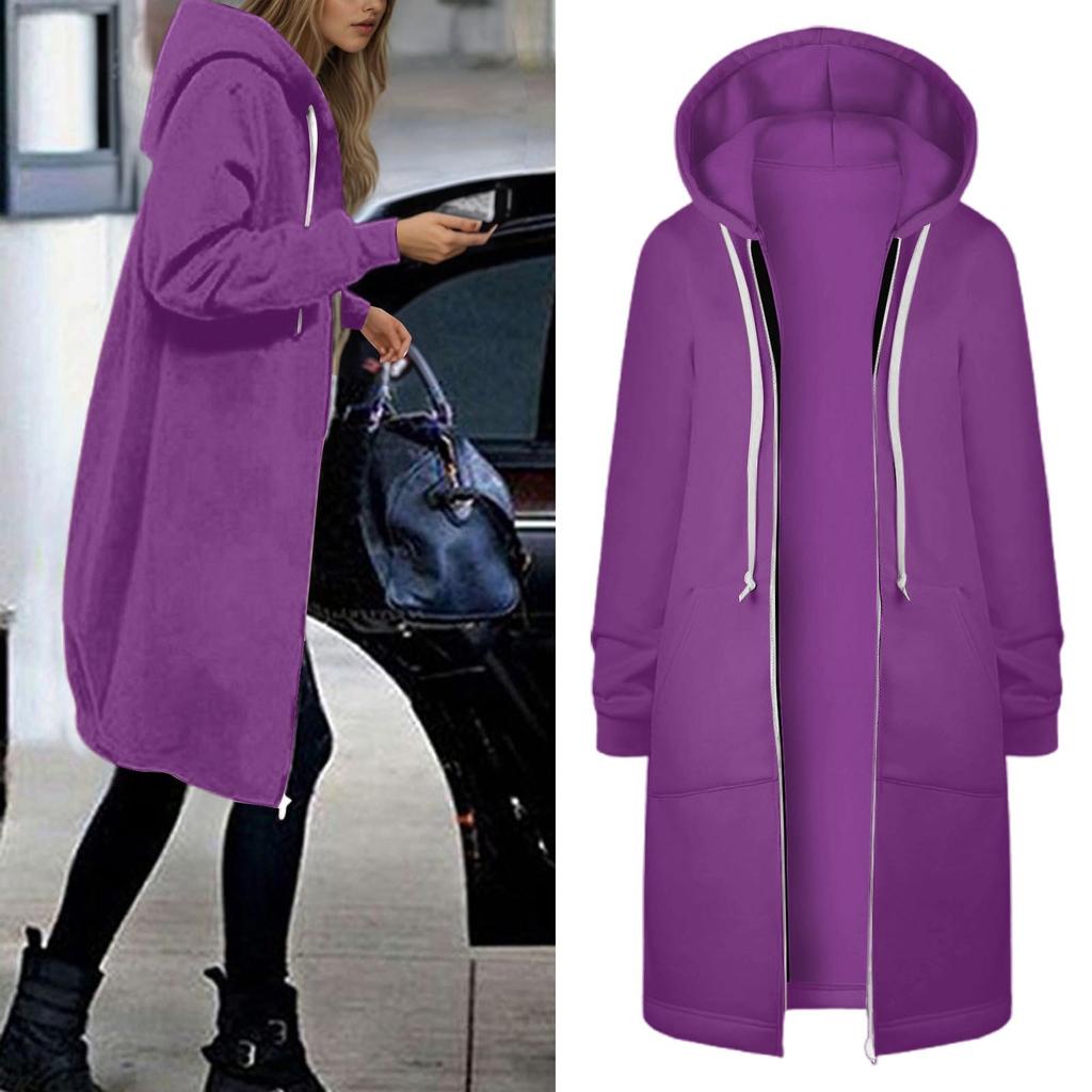 Women's Fashionable Solid Color Long Sleeved Pocket Long Hoodies Zipper Casual Coat Fall Jackets Sweatshirts Clothes