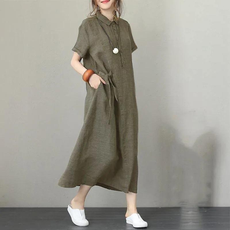 IHUASU Fashion Summer Spring Solid Color Print Short Sleeve POLO Neck Casual Dresses
