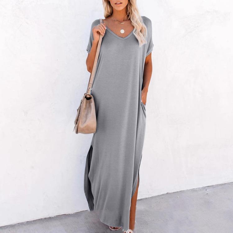 

Повседневное женское свободное платье-свинг, длинное, с V-образным вырезом, с короткими рукавами, однотонное, с боковым разрезом, летняя мода XXXXXL