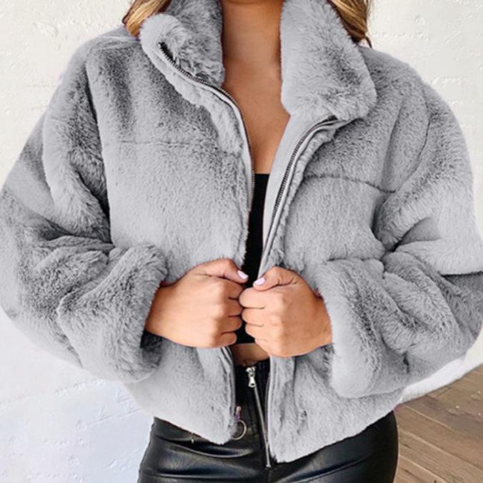 Winter Women's Warm Jacket Zipper Cardigan Faux Fur Long Sleeve Stand Collar Plush Coat for Female