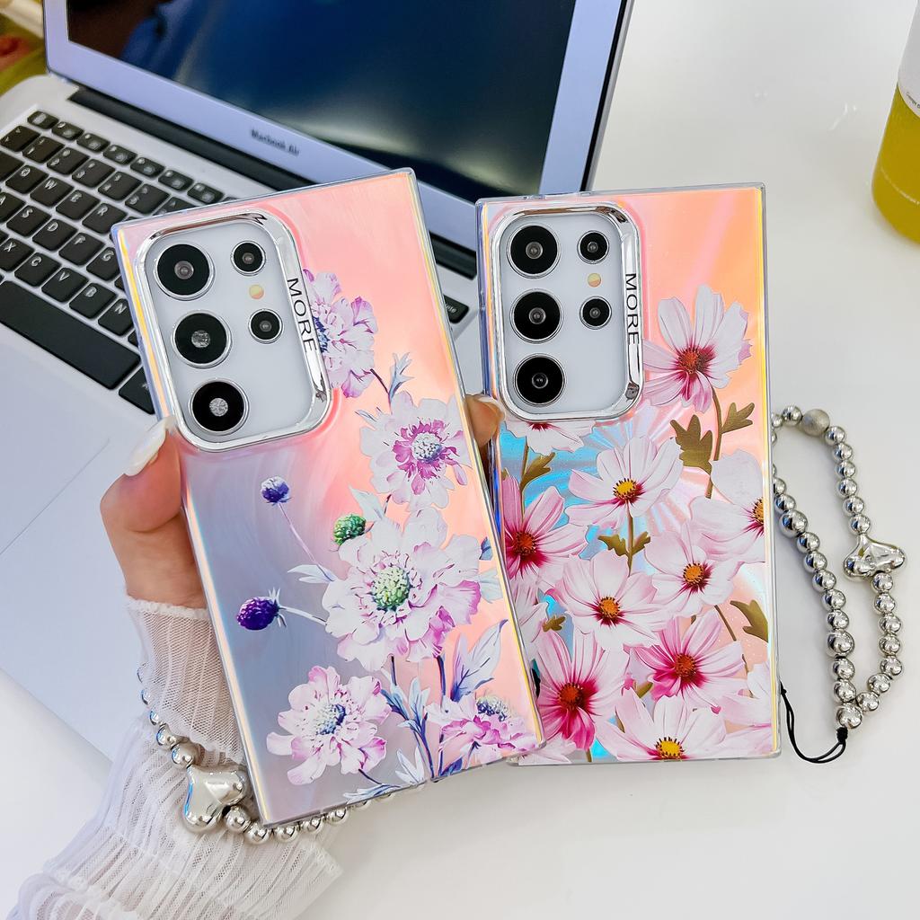 Flowers Suitable for Samsung S25ultra Mobile Phone Case S24Plus Electroplated Laser A56 with Pearl Bracelet Protective Cover