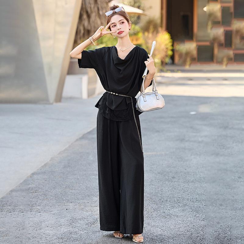 Summer new design sense fashionable lace splicing pile collar top wide leg pants suit women