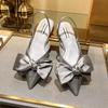 Fashion Summer New High Heels Satin Bow Pointed Sandals Women's Half Bag Head One Line Buckle Flat Shoes